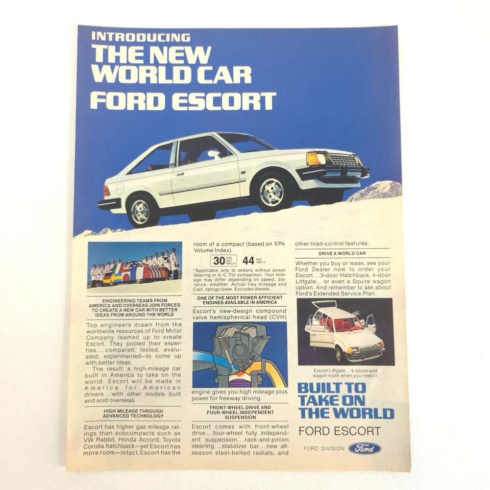 1981 Ford Escort Print Ad Vintage Hatchback World Car Garage Wall Art Show Decor